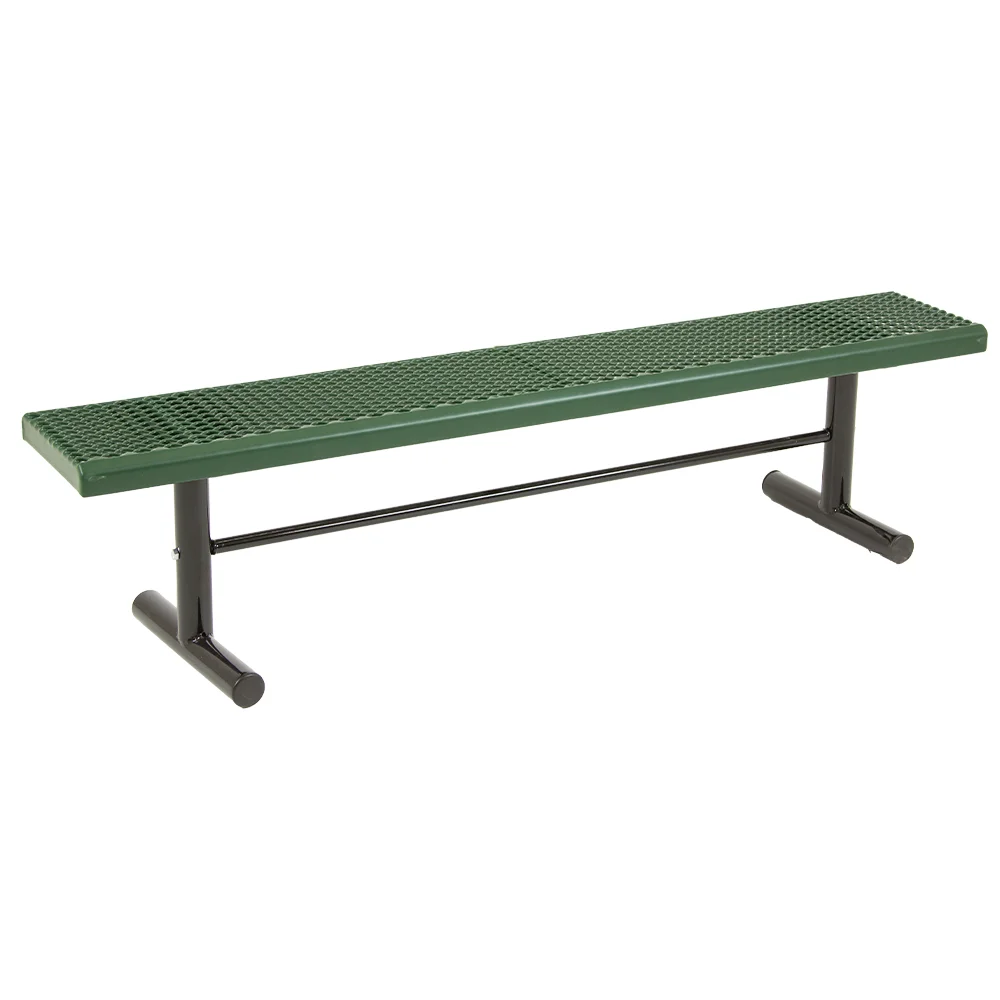 62PGLVP Green metal bench with perforated surface and black legs.