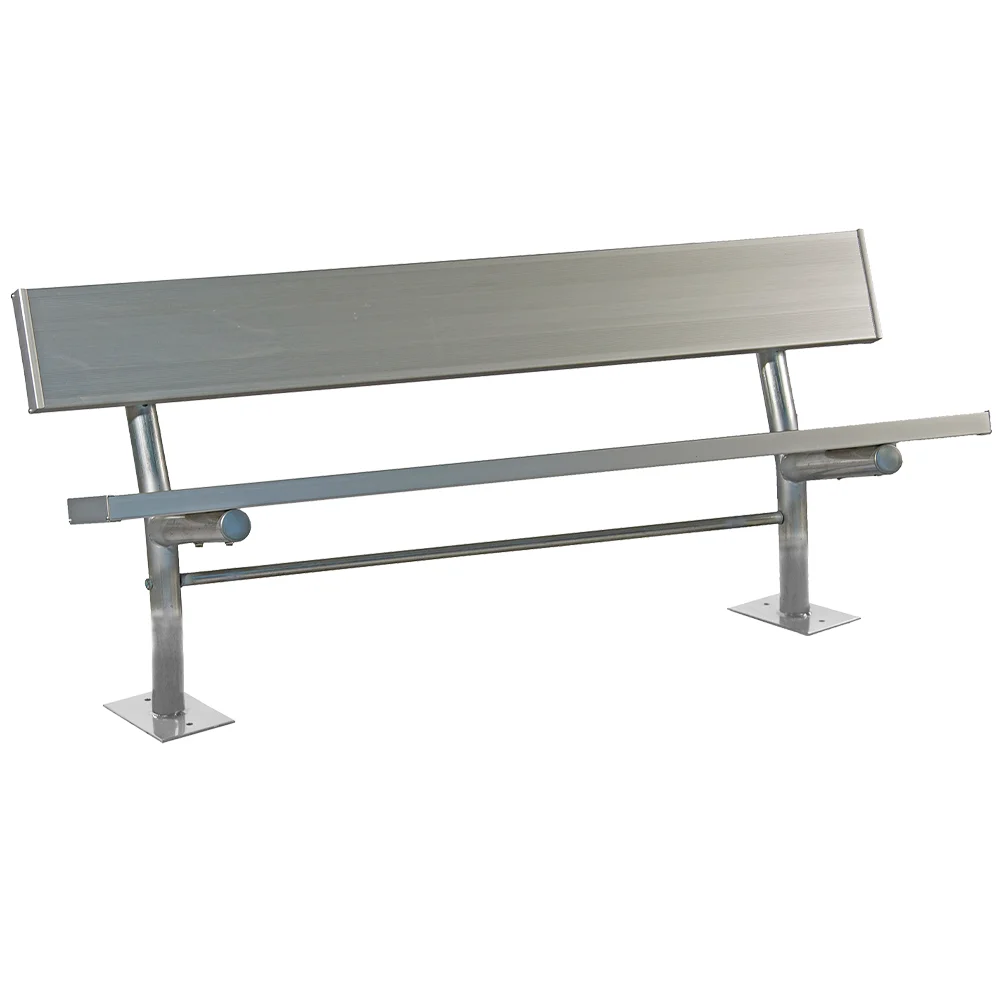 62SGA-Scene-bench Stainless steel bench with armrests and metal supports.