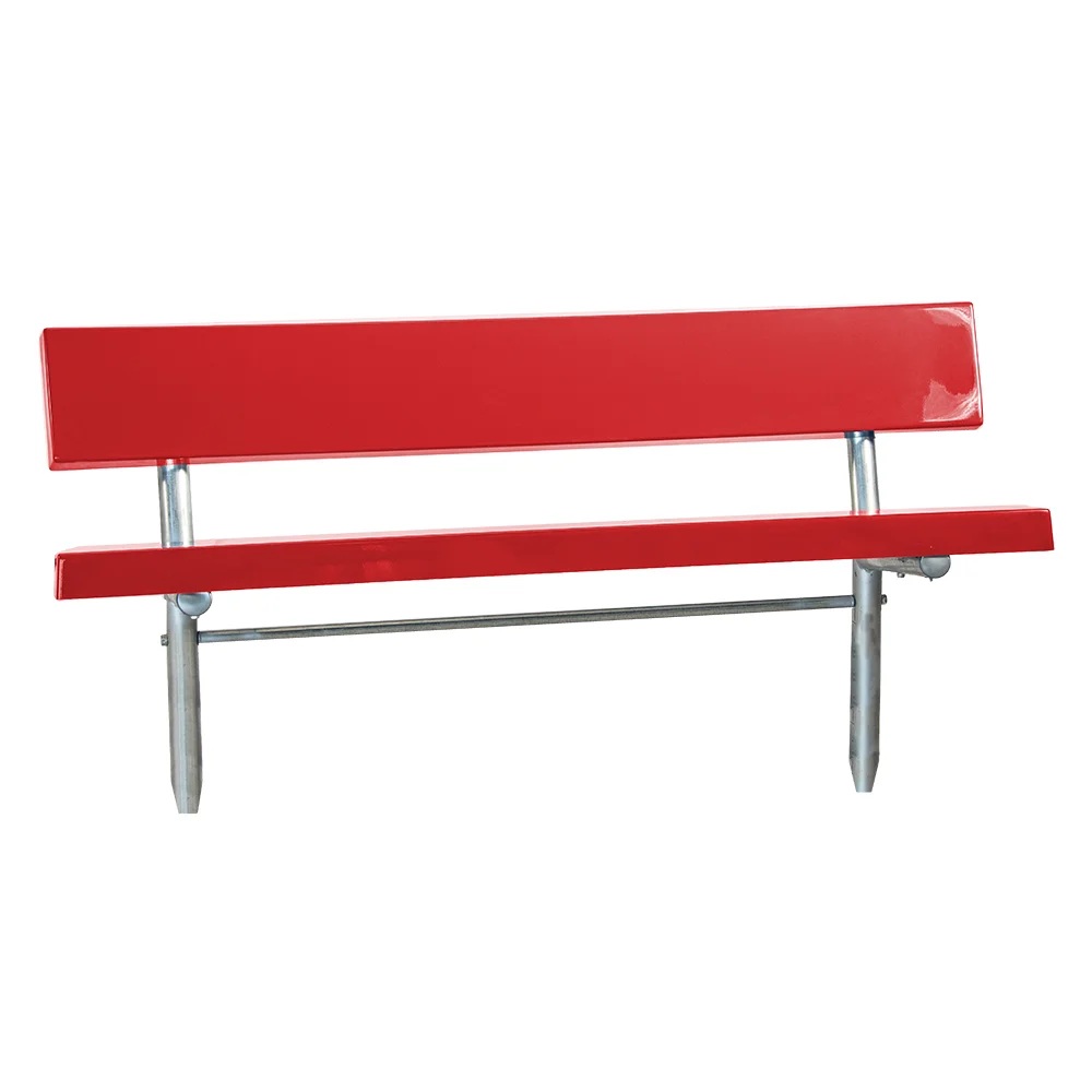 62SGF Red metal bench with backrest and armrests.