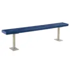 Blue metal bench with perforated surface and concrete legs.