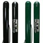 Two black and two green pool cues side by side.