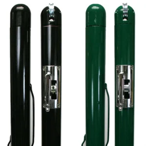 Two black and two green pool cues side by side.