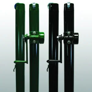 Metal poles with green and black handles.