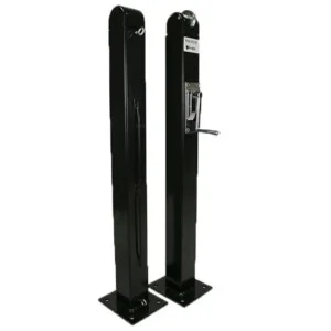 Black metal post with a lock and handle.