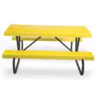 Yellow picnic table with black metal frame and benches.