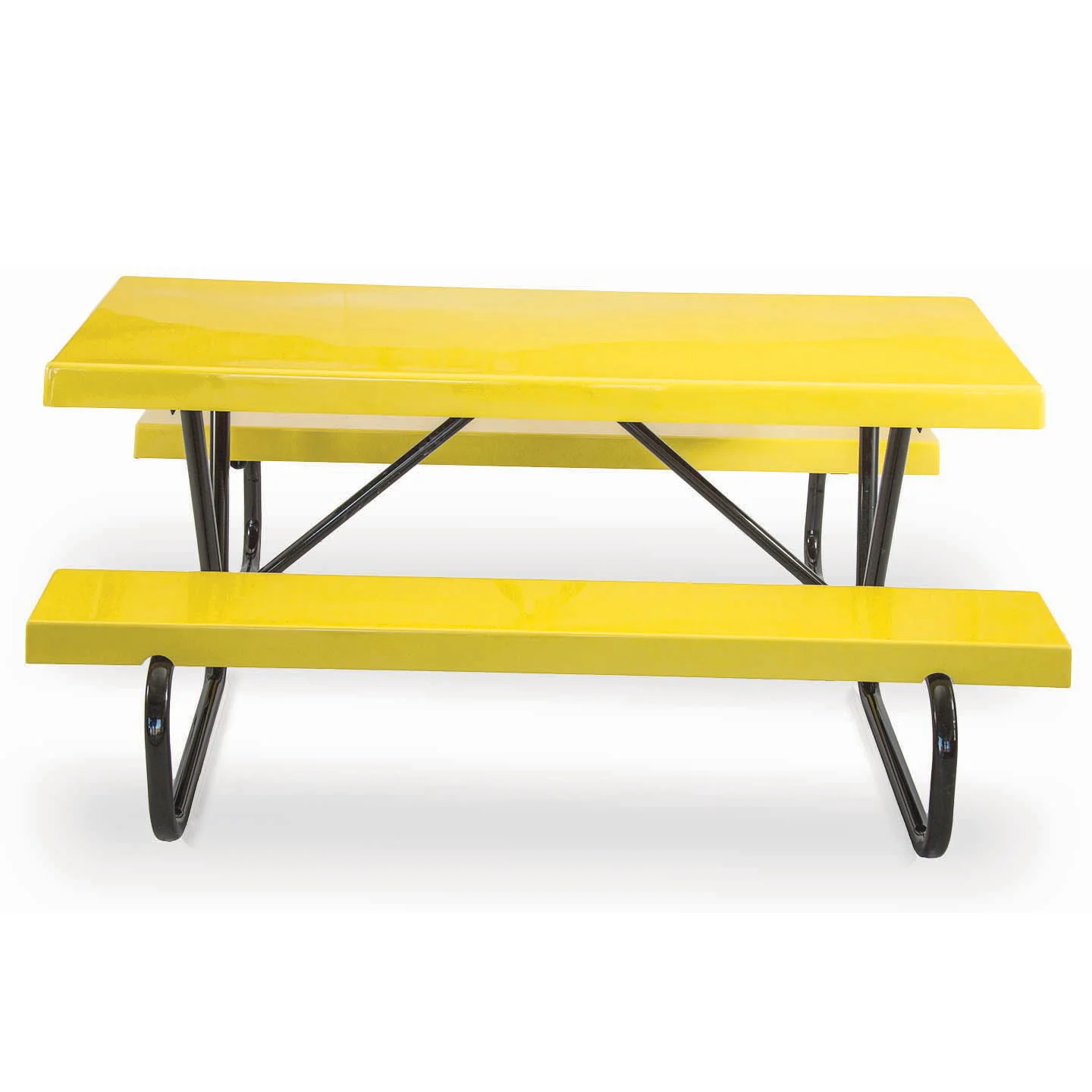 6BGFyellowShadow Yellow picnic table with black metal frame and benches.
