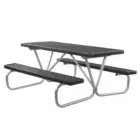 Outdoor picnic table with metal legs and black top.
