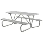 Aluminum picnic table with curved legs and benches.