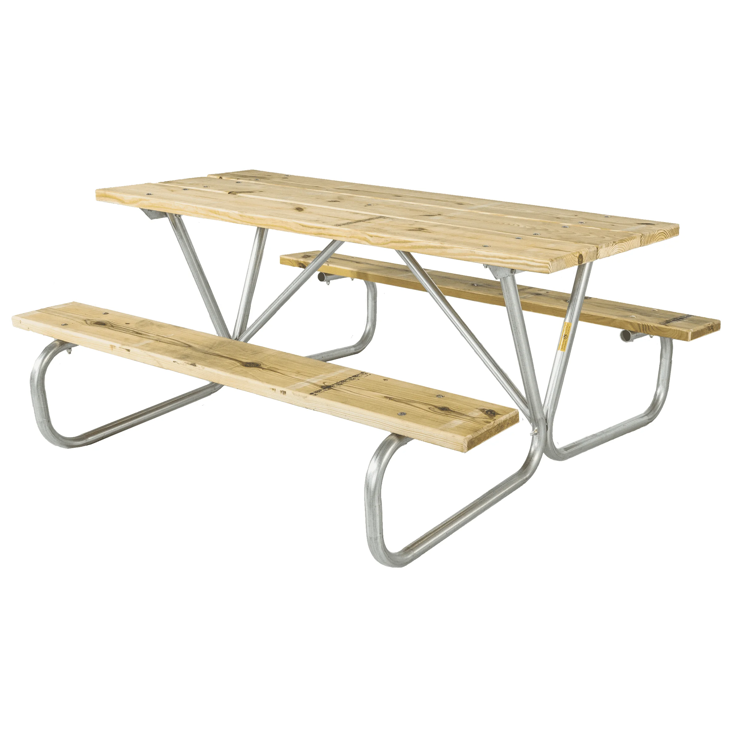 6BGW001 Wooden picnic table with metal frame and benches.