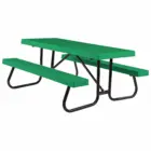 Green picnic table with black metal frame.