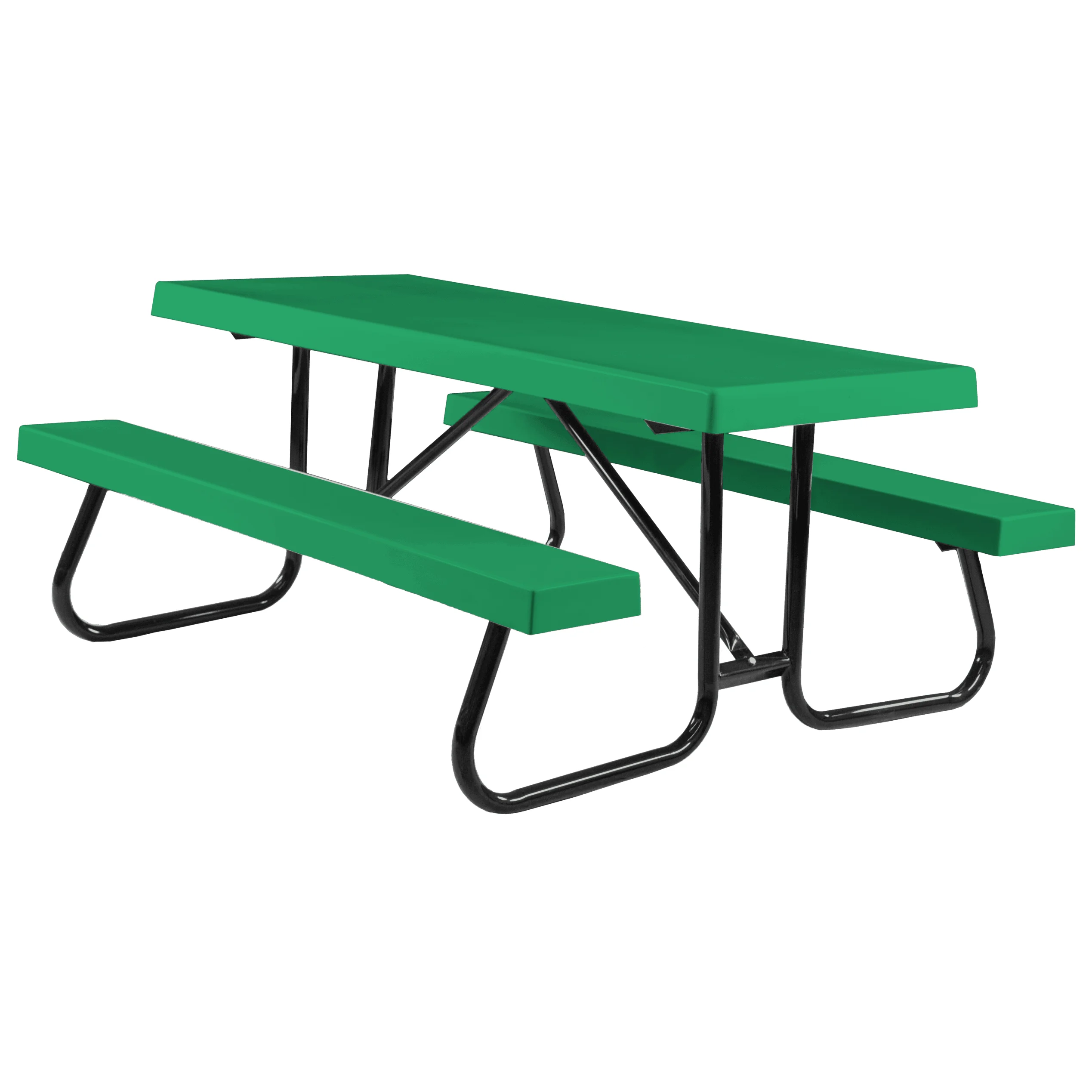 6CJCF010RCutSHAMROCKGREEN-scaled Green picnic table with black metal frame.