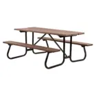 Outdoor picnic table with brown plastic top and black metal frame.