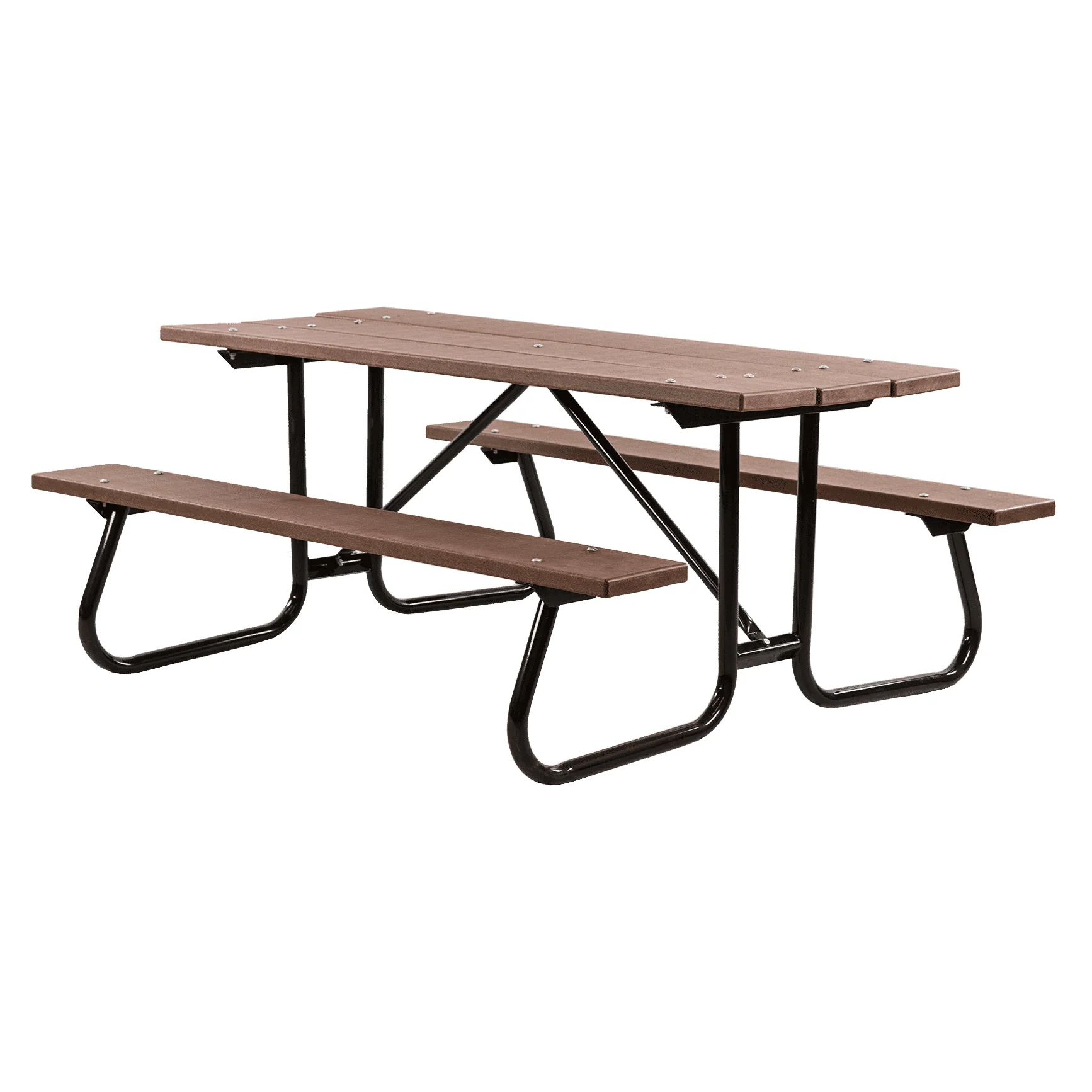 6CJCRRP061Rcutcrop Outdoor picnic table with brown plastic top and black metal frame.