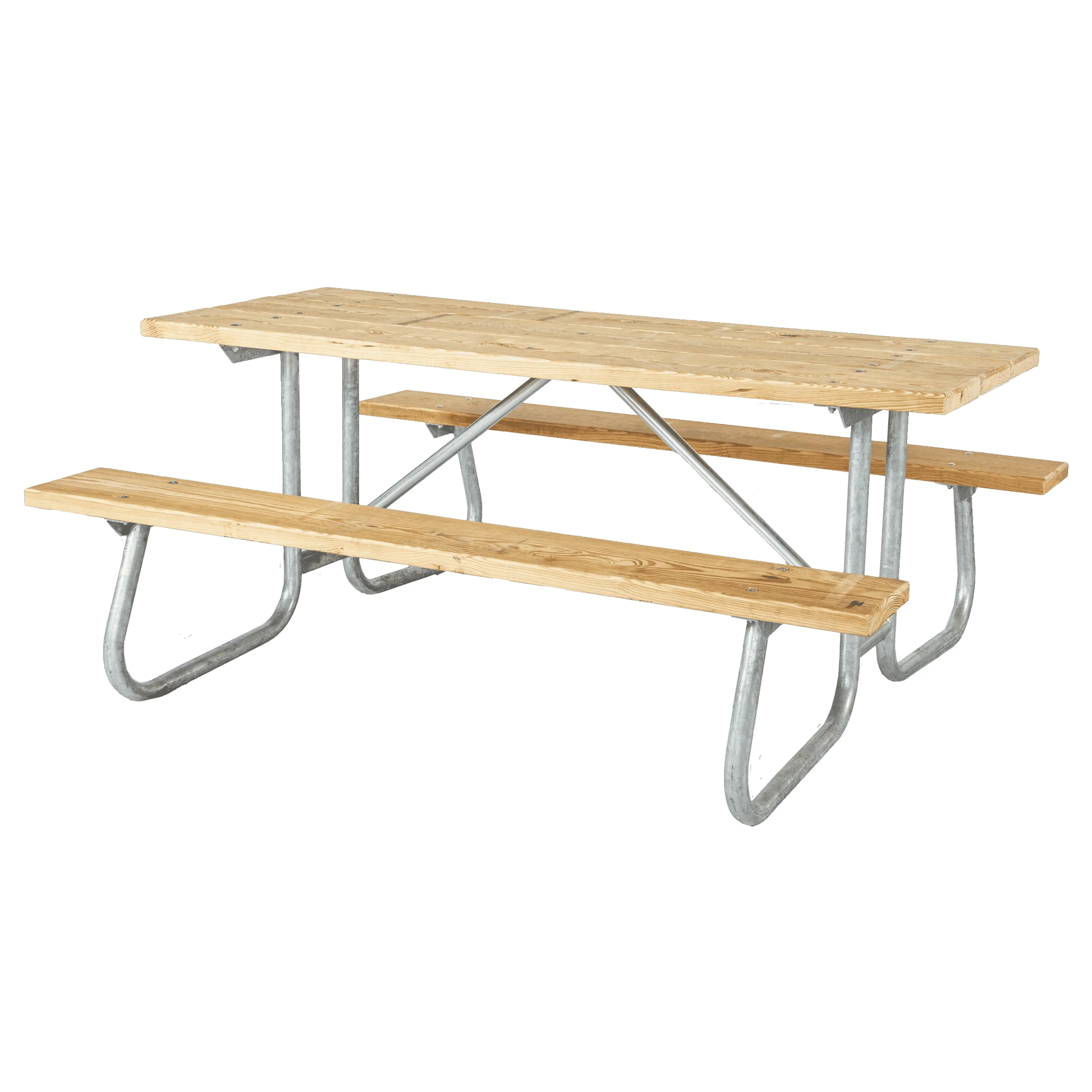 6CJGW005-scaled Wooden picnic table with metal legs and benches.