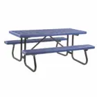 Blue picnic table with metal frame and perforated surface.