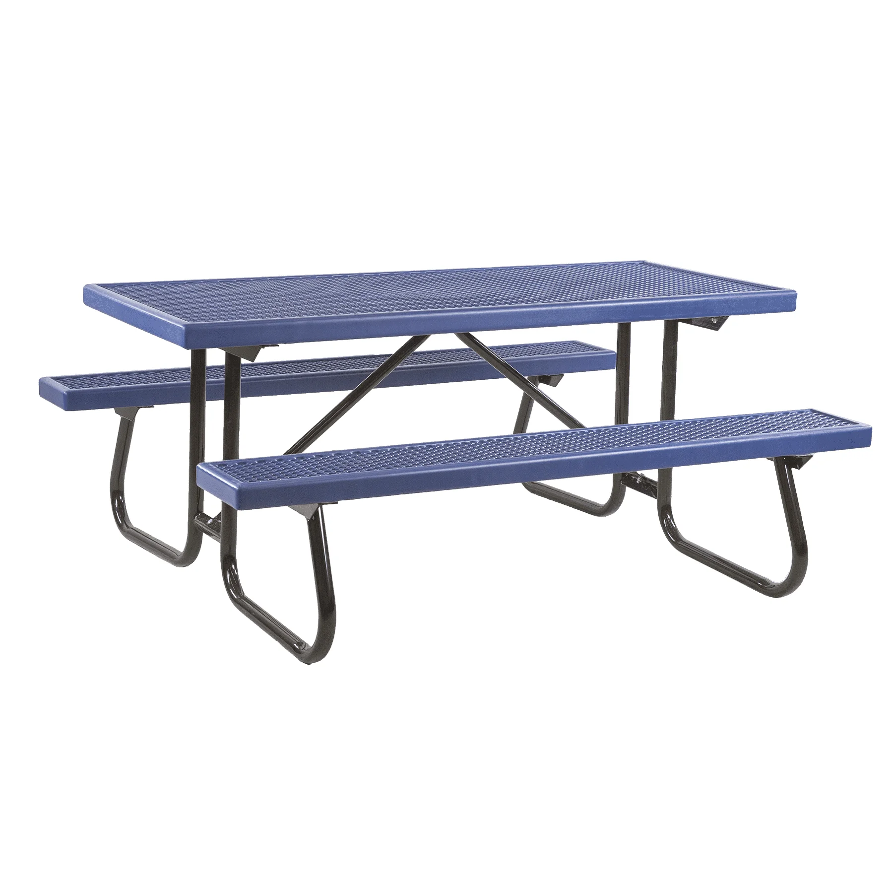 6CJVPallcolors093RCrop Blue picnic table with metal frame and perforated surface.