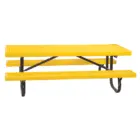 Yellow picnic table with metal frame.