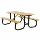 Outdoor picnic table with black metal frame and wooden benches.