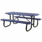 Blue picnic table with black metal frame and perforated top.