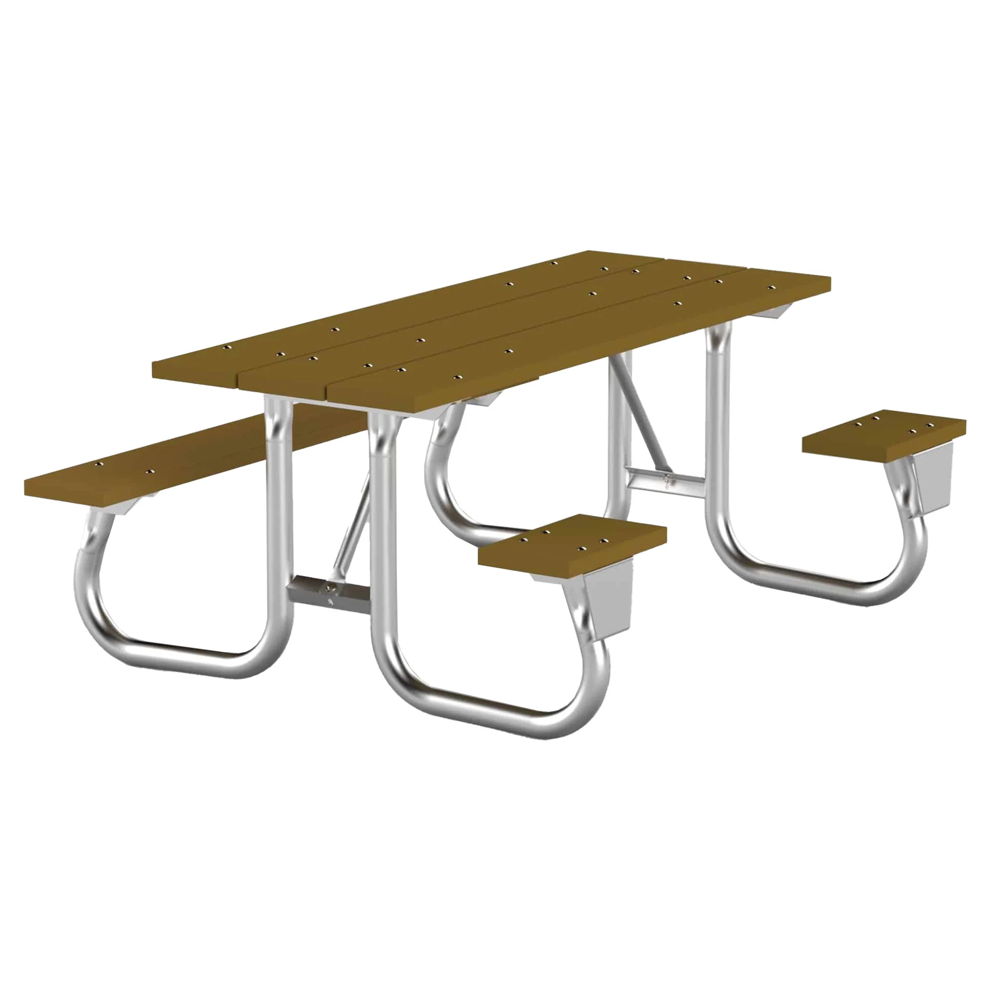 6J2GRRP-SWC-cedar Outdoor picnic table with metal legs and wooden benches.