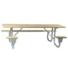 Wooden picnic table with metal legs and benches.