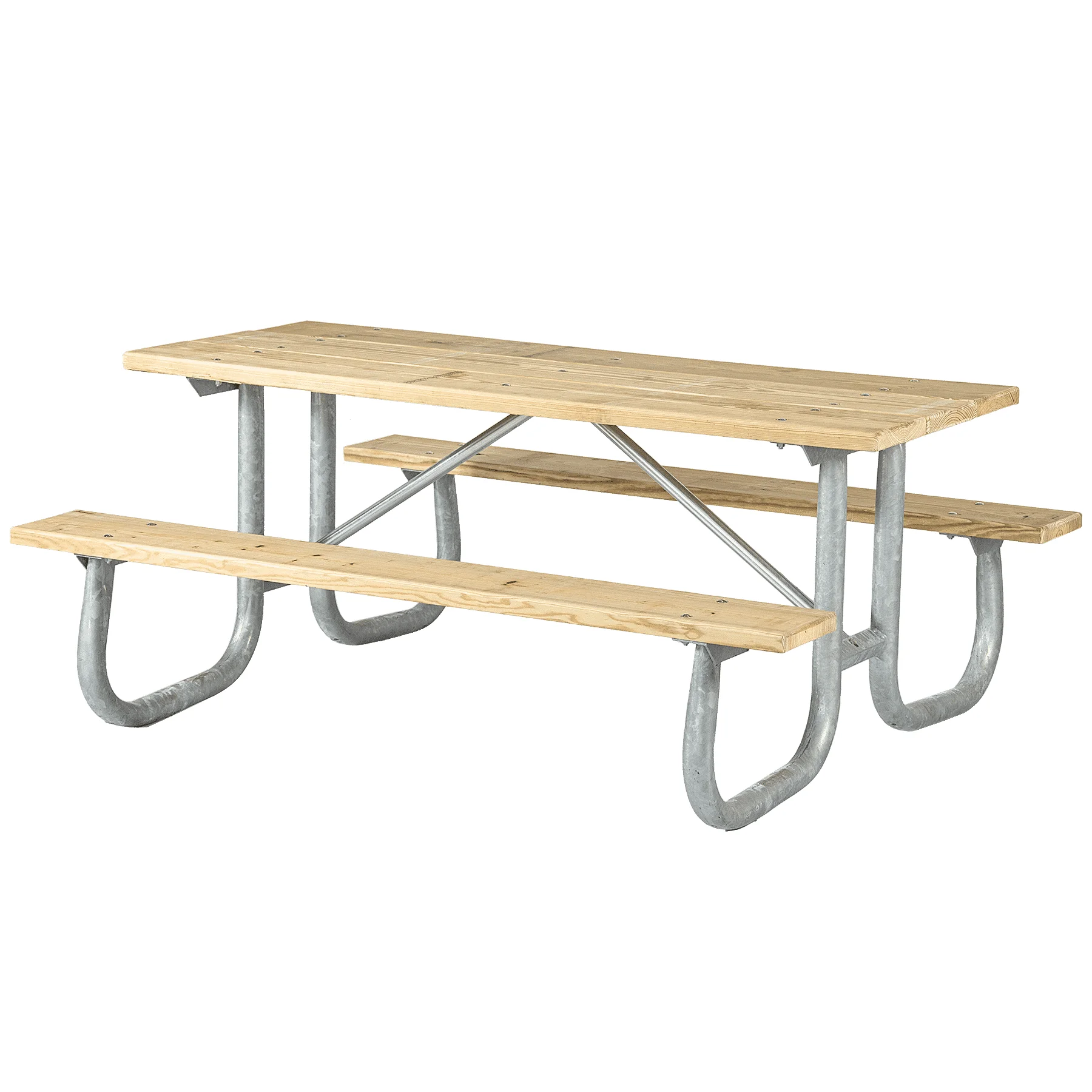 6J2GW010Rcutcrop-1 Wooden picnic table with metal legs and benches.
