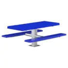 Blue metal picnic table with benches.