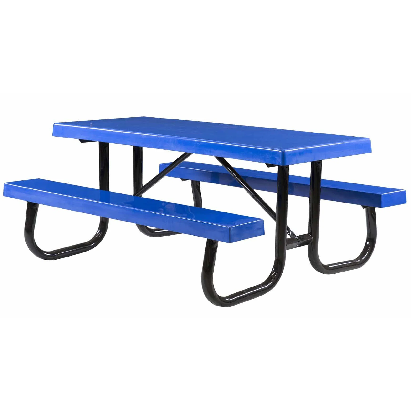 6j2cf052rcrop Blue picnic table with black metal frame.