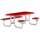 Red picnic table with metal legs and benches.