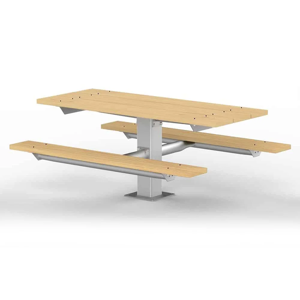 Outdoor picnic table with benches and metal support.