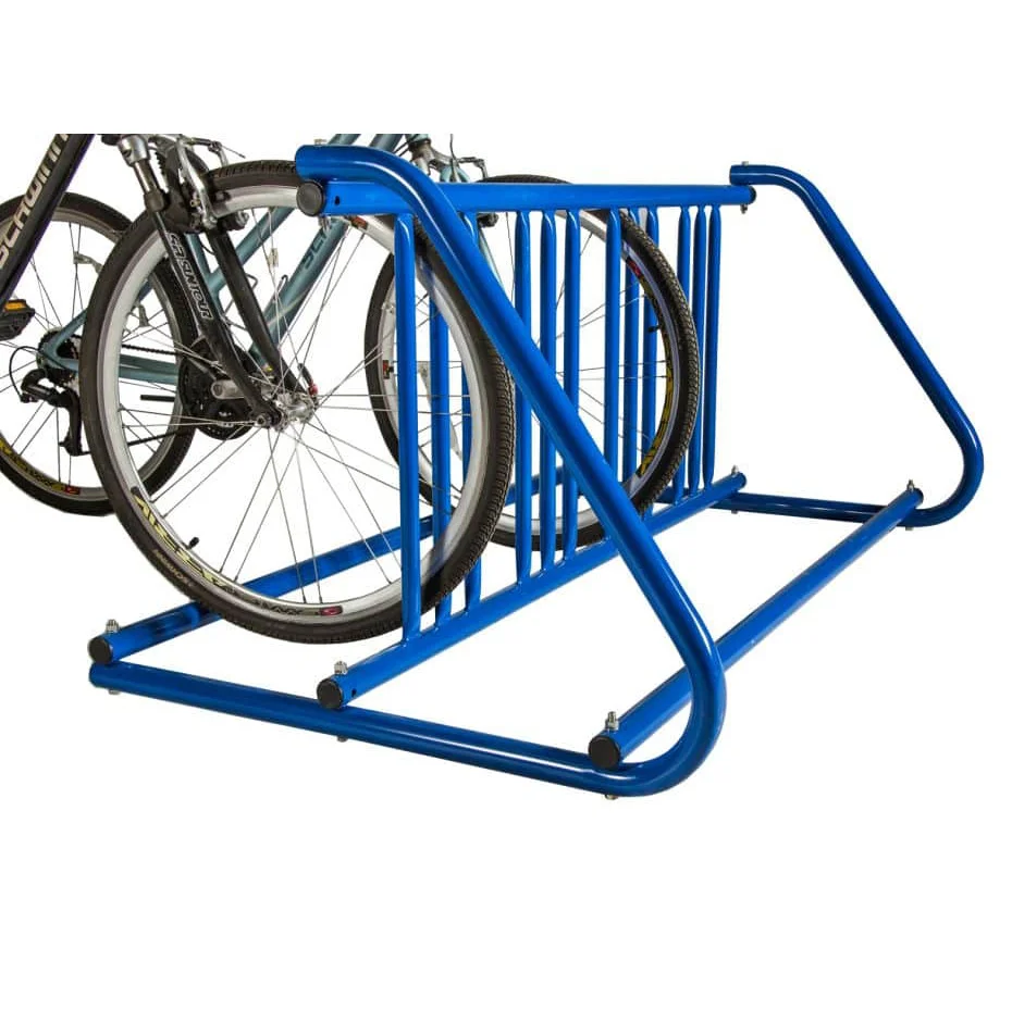 Blue bike rack holding two bicycles.