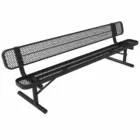 Black metal bench with mesh back and armrests.