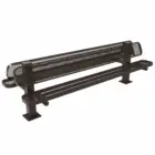 Black metal bench with mesh backrest and armrests.