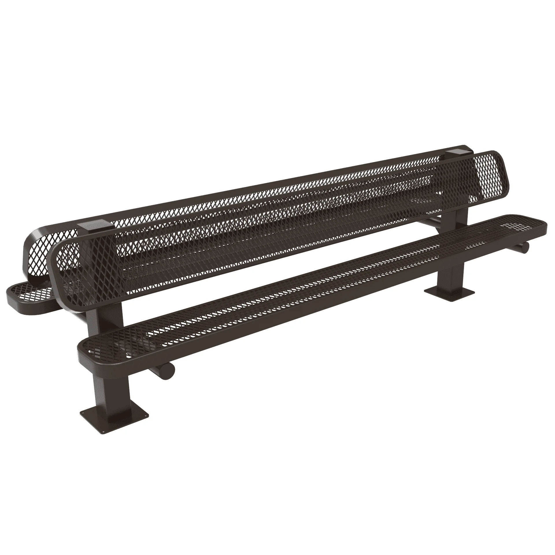 Black metal bench with mesh backrest and armrests.