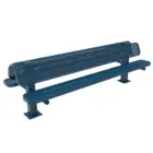 Blue metal bench with perforated backrest and armrests.