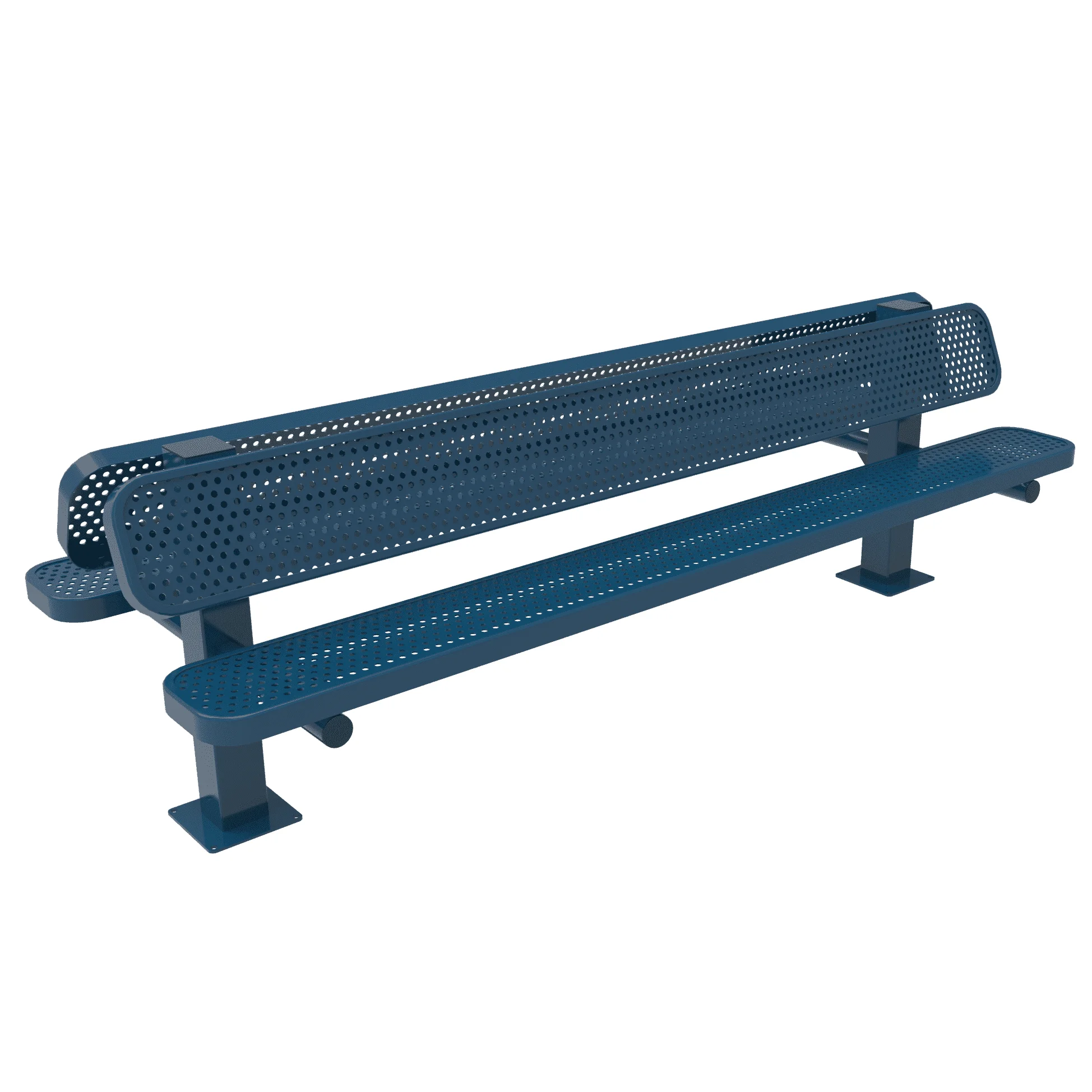 Blue metal bench with perforated backrest and armrests.