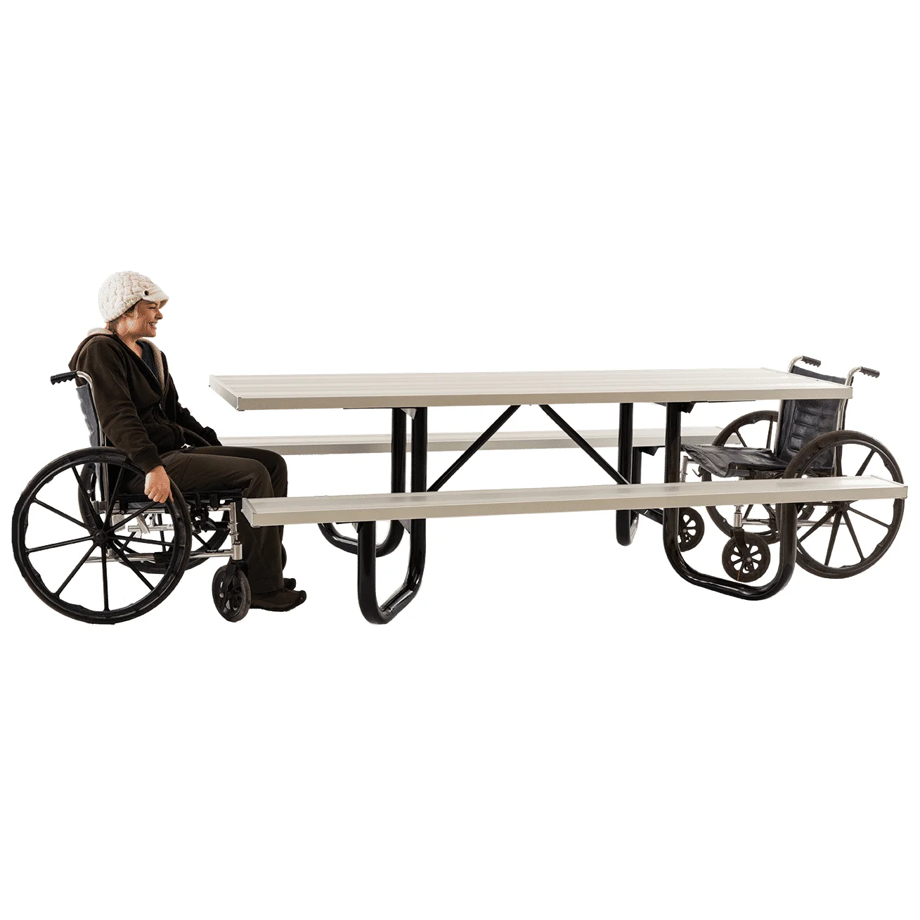 Accessible picnic table and wheelchair.