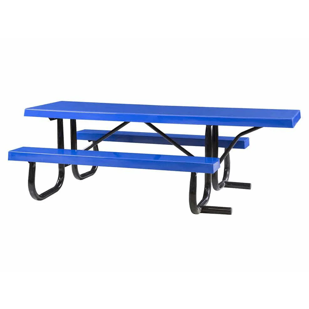 8J2CF-EWC-RoyalBlue-1 Blue picnic table with black metal legs and benches.