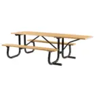Outdoor picnic table with black metal frame and wooden benches.