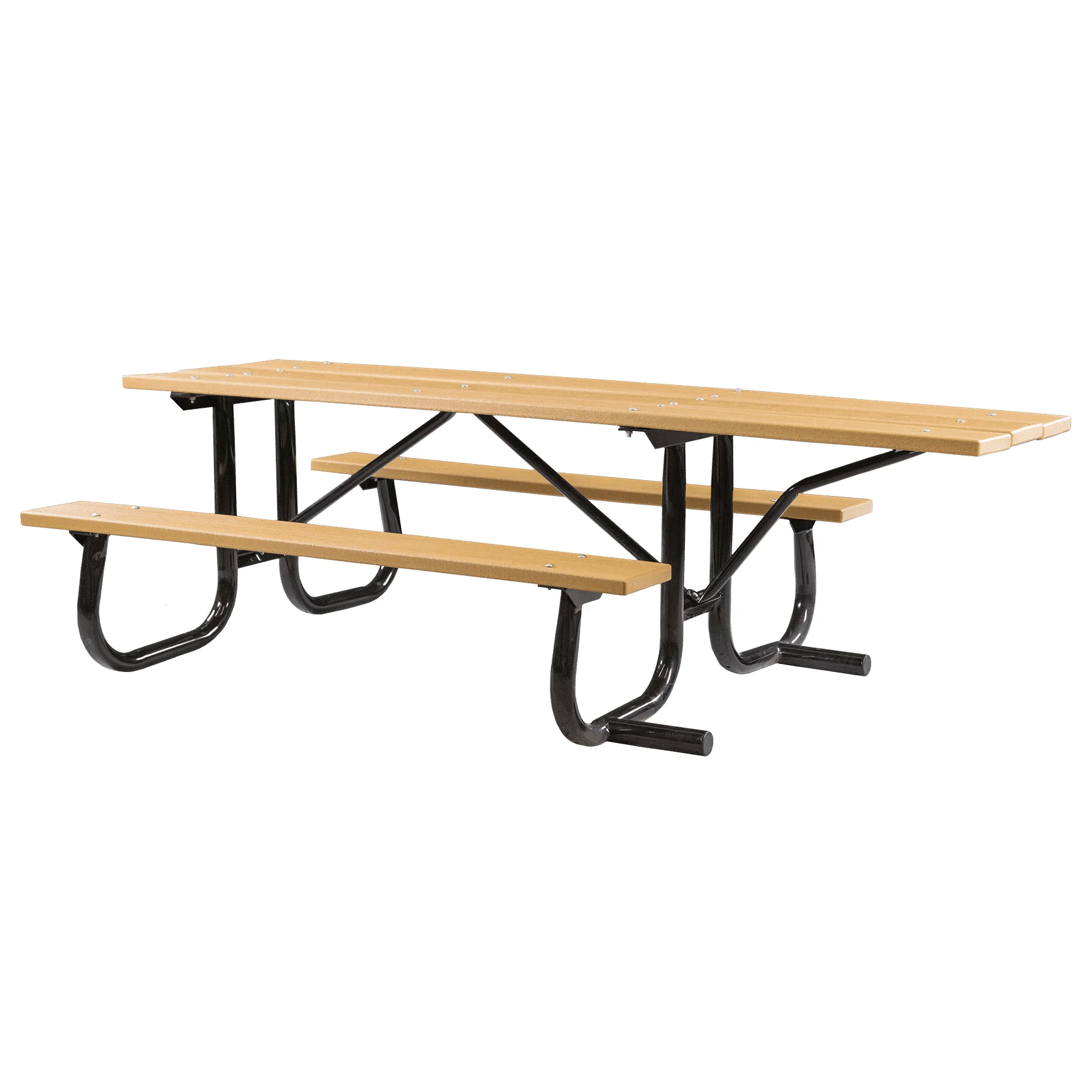 Outdoor picnic table with black metal frame and wooden benches.