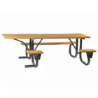 Wooden picnic table with metal legs and benches.