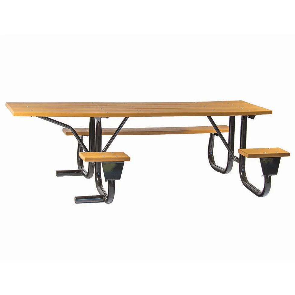 8J2CRRP-SEWC-cedar Wooden picnic table with metal legs and benches.