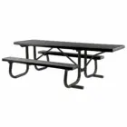 Black metal picnic table with benches.