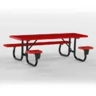 Red picnic table with black legs and benches.