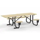 Long picnic table with black metal frame and wooden benches.