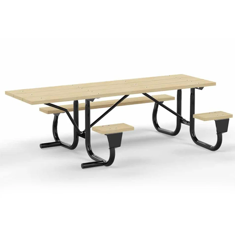 8J2CW-SEWC Long picnic table with black metal frame and wooden benches.