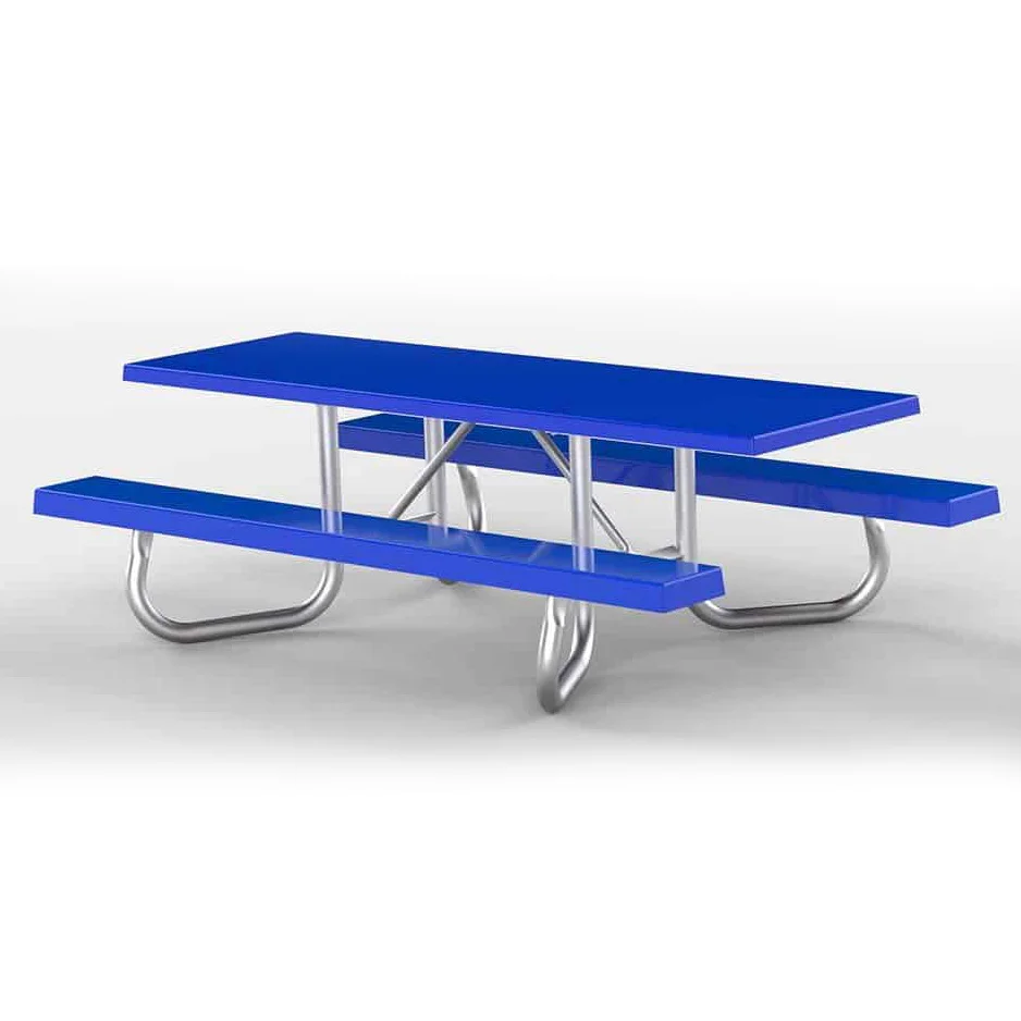 Blue picnic table with metal legs and benches.