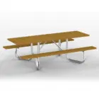 Wooden picnic table with metal legs and benches.