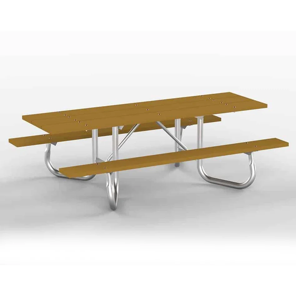 8J2GRRP-UWCcedar Wooden picnic table with metal legs and benches.