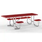 Red picnic table with metal legs and benches.